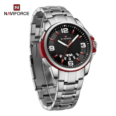 NAVIFORCE 9215 Men Wristwatch Top Brand Luxury Waterproof Watch Original Stainless Steel Sport Military Quartz Male Clock - Silver Black Red